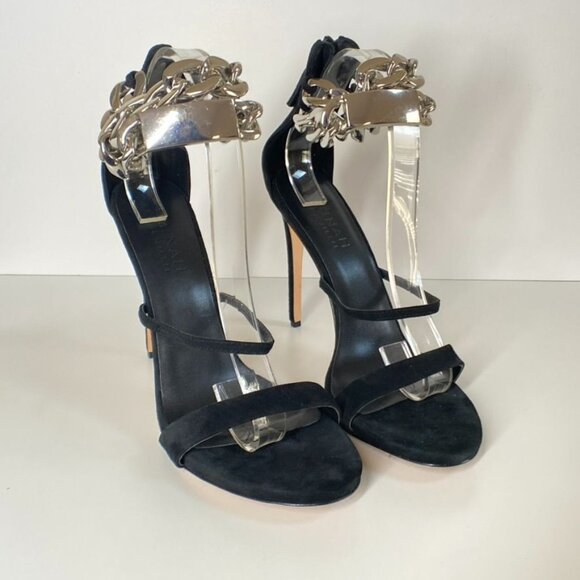 AMINAH ABDUL JILLIL Black Suede Ankle Strap Heels With Silver Chain Detail, size - Picture 2 of 10